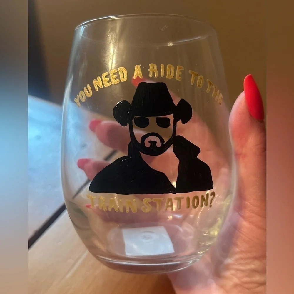 20 oz Stemless wine glass Rip Wheeler Train Station NEW hand painted